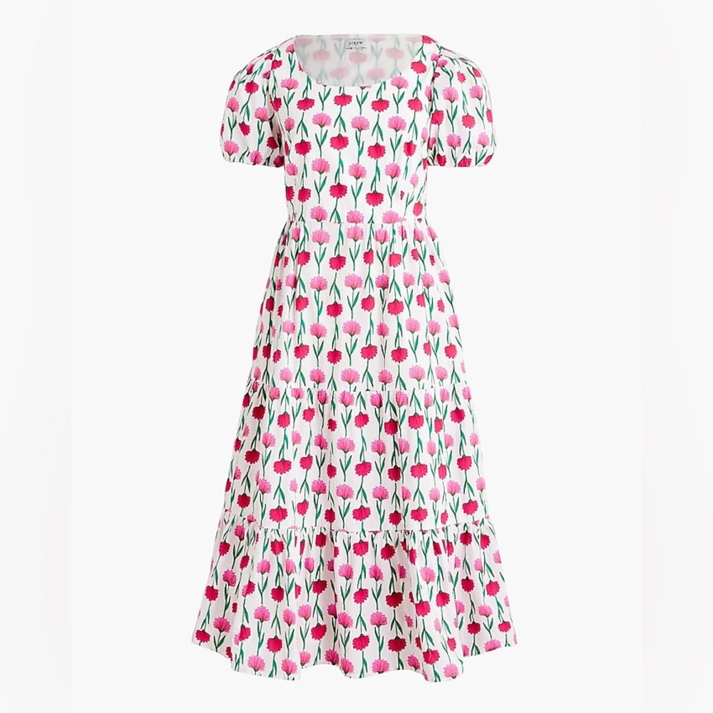 Tiered Poplin Puff-Sleeve Midi Dress